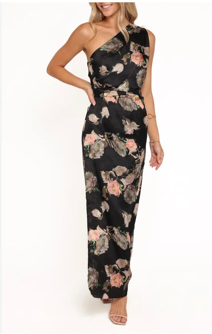 Petal & Pup Nadia One-Shoulder Floral Gown Size 4 Black (NWOT)